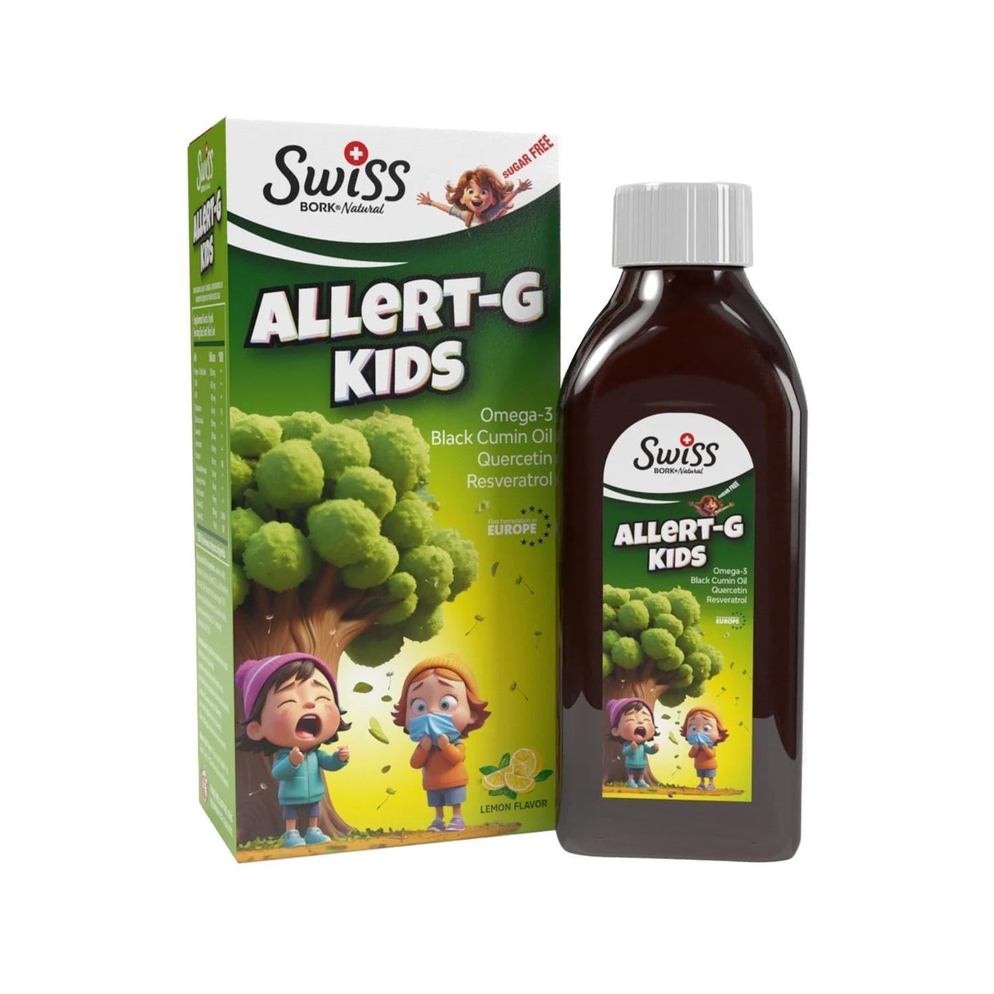 Swiss Bork Allert-G Kids: Natural Allergy Relief & Immune Support - Omega-3, Resveratrol, & Quercetin Liquid Vitamin Supplement for Children