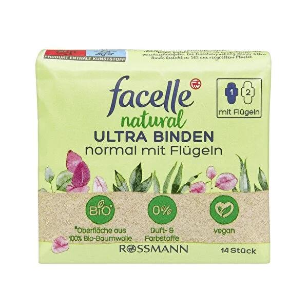 Facelle Natural Ultra Feminine Hygiene Pads with Wings: Breathable, Vegan, & Dermatologically Tested for Sensitive Skin - 14 Count