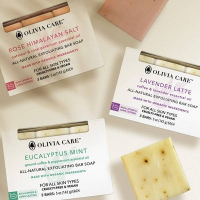 Olivia Care All-Natural Exfoliating Bar Soap Set Rose Himalayan Salt 15oz/3ct - New - M2G