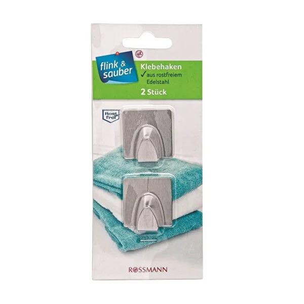 Flink & Sauber Stainless Steel Adhesive Hooks - Damage-Free Wall Mounted Hangers for Towels, Robes - Rustproof Bathroom Hooks