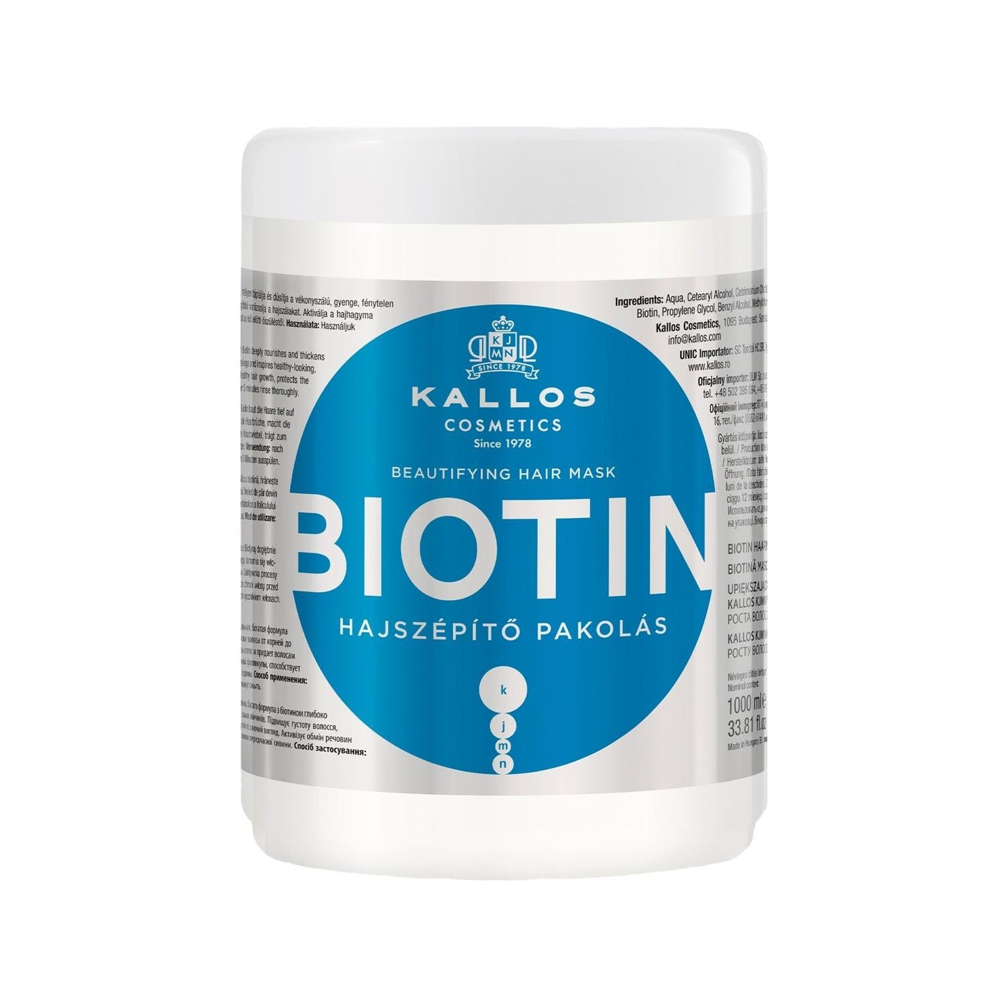 Kallos Cosmetics Biotin Beautifying Hair Care Mask - Nourishing, Protective, 1000ml