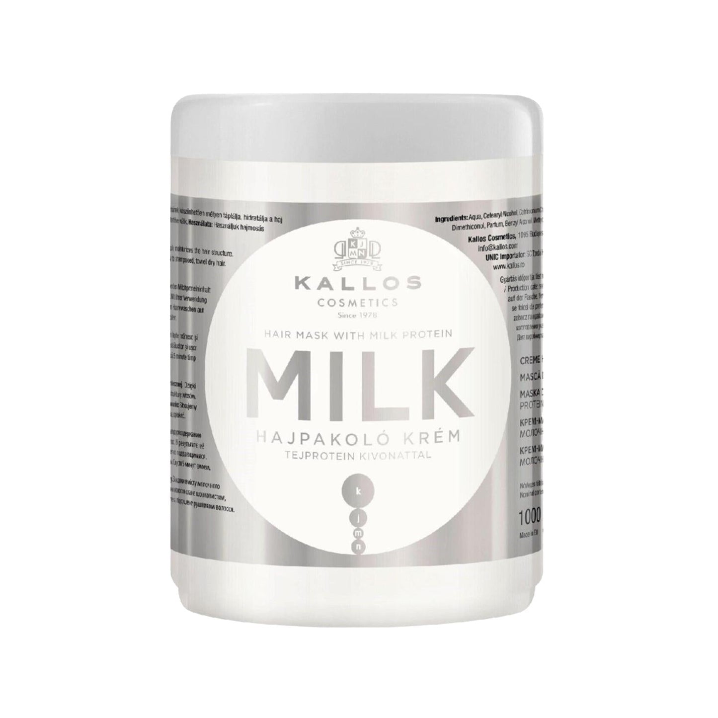 Kallos Cosmetics Milk Protein Hair Care Mask 1000ml - Nourishing & Moisturizing Protein-Based Formula for Dry & Damaged Hair