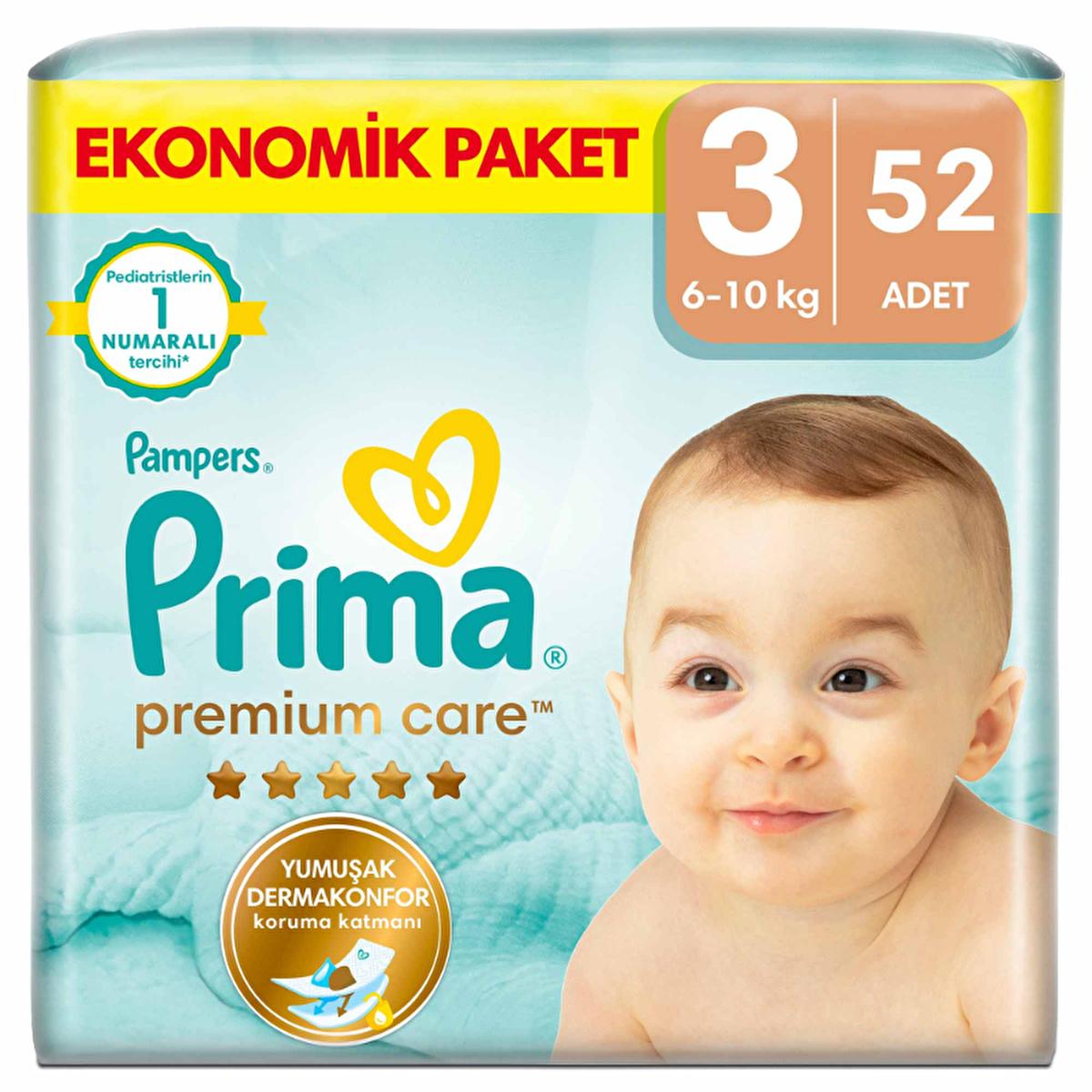 Prima Baby Diapers Premium Care Size 3 - 52 Count Midi Jumbo Pack for Sensitive Skin
