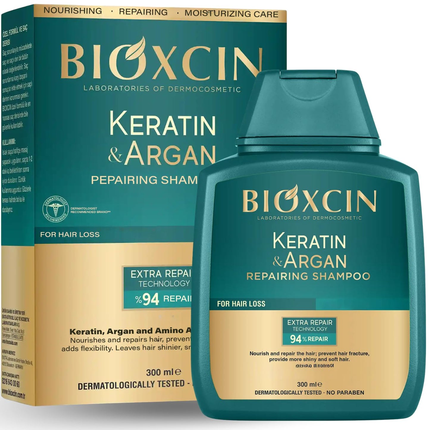 Bioxcin Keratin & Argan Repair Shampoo - Nourishes & Repairs Damaged Hair, 300ml