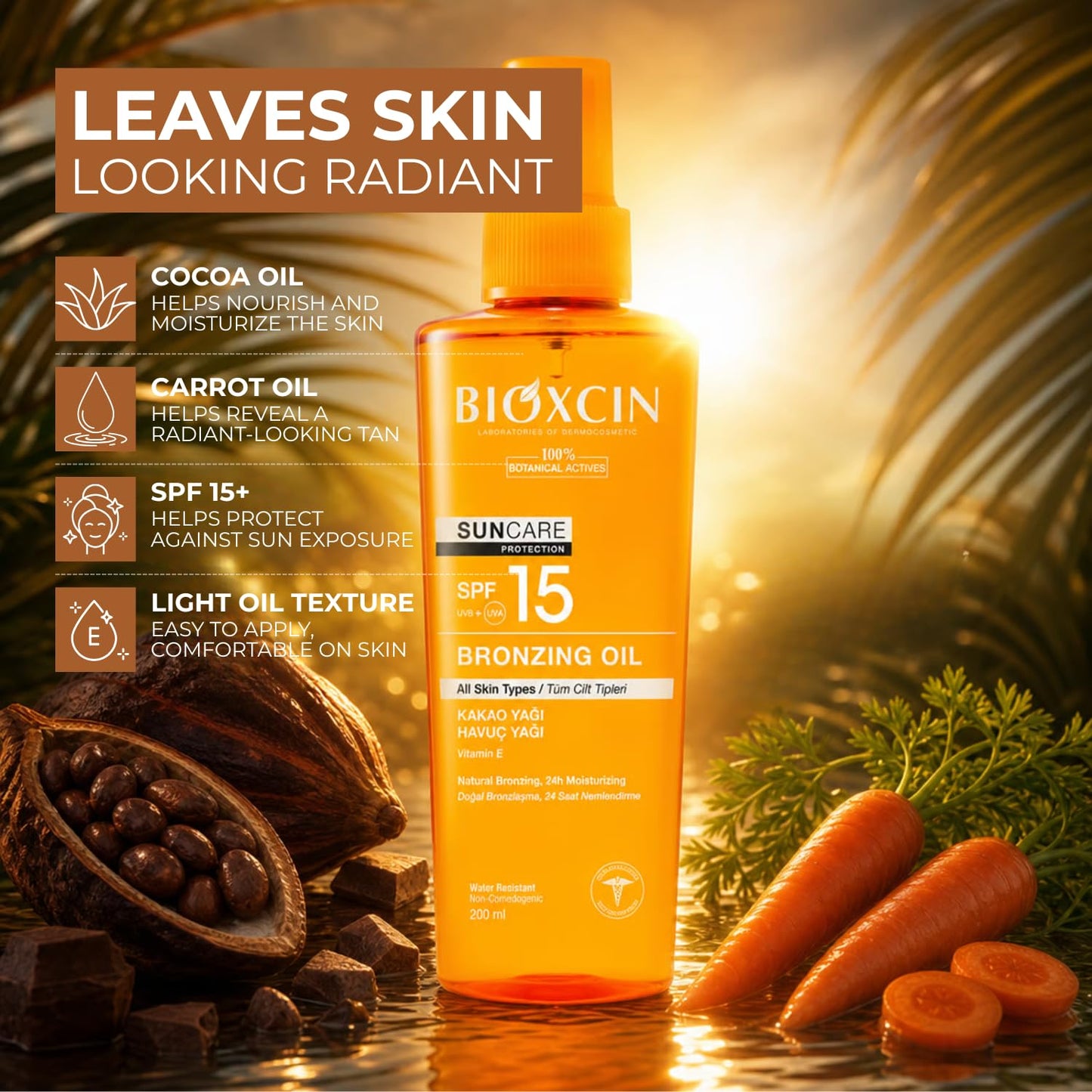 Bioxcin Suncare Tanning Sun Oil SPF15 - Natural Tanning Oil for All Skin Types