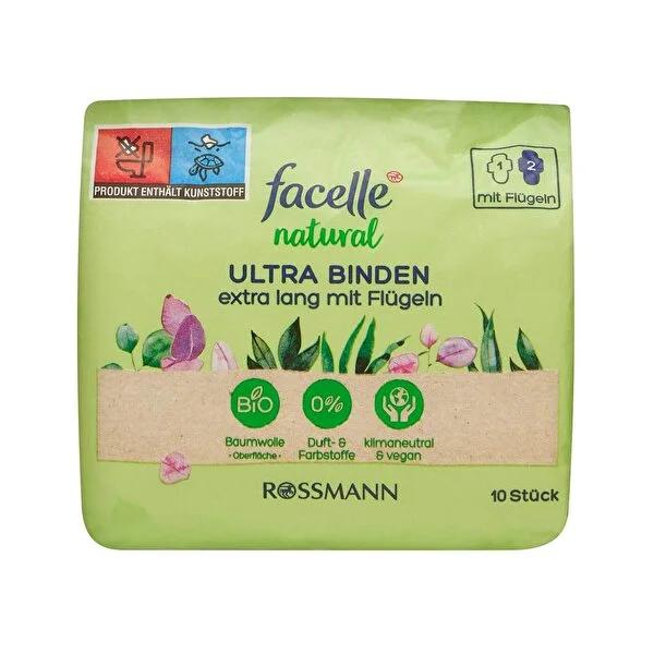 Facelle Extra Long Natural Ultra Thin Menstrual Pads - 10 Count - Soft, Vegan, & Dermatologically Tested for Sensitive Skin - Feminine Hygiene Pads