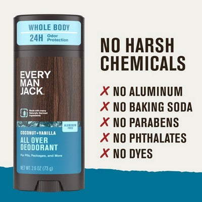Every Man Jack All Over Solid Deodorant Coconut + Vanilla 2.6oz - New - M2G
