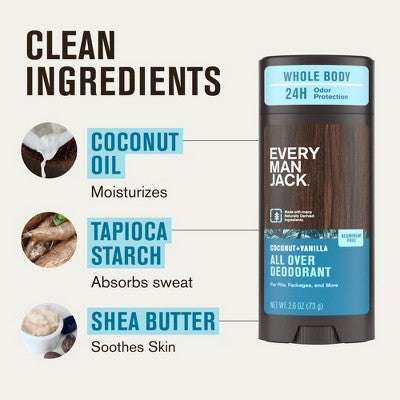Every Man Jack All Over Solid Deodorant Coconut + Vanilla 2.6oz - New - M2G