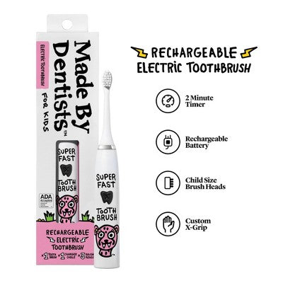 Made by Dentists Kids; Rechargeable Electric Toothbrush with 2 Replacement Toothbrush Heads Cheetah - New - M2G