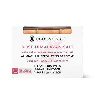 Olivia Care All-Natural Exfoliating Bar Soap Set Rose Himalayan Salt 15oz/3ct - New - M2G