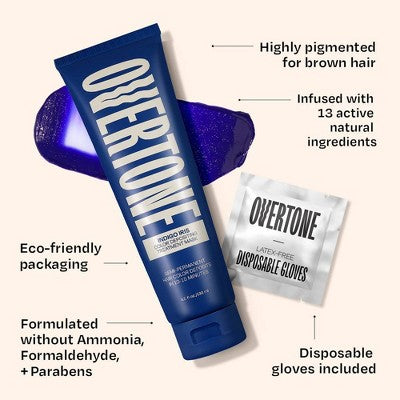 Overtone Indigo Iris Hair Mask Semi-Permanent Hair Dye & Color Conditioner Blue for Brown & Blonde Hair - New - M2G