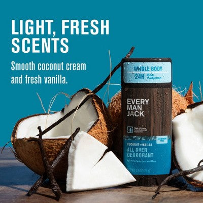 Every Man Jack All Over Solid Deodorant Coconut + Vanilla 2.6oz - New - M2G