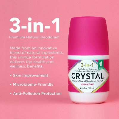 Crystal 3-in-1 Natural Mineral Roll-On Deodorant Unscented 2.25 fl oz - New - M2G