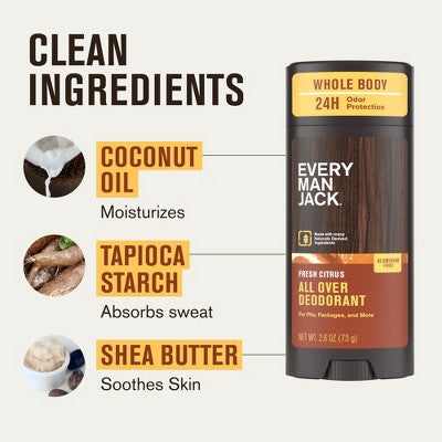 Every Man Jack All Over Solid Deodorant Fresh Citrus 2.6oz - New - M2G