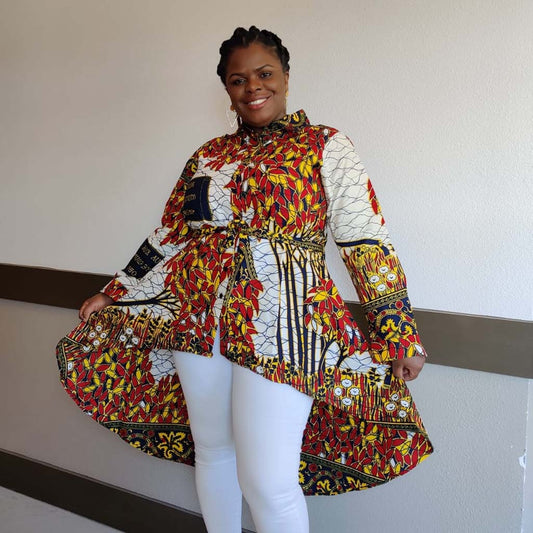 Kente African Print High Low Button up Shirt (White Red honey ) - M2G