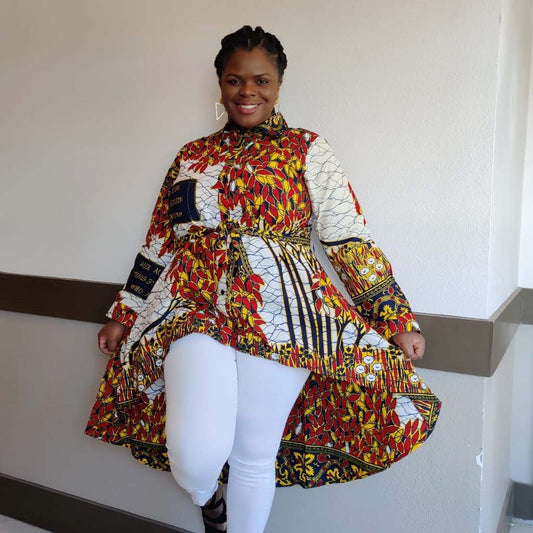 Kente African Print High Low Button up Shirt (White Red honey ) - M2G