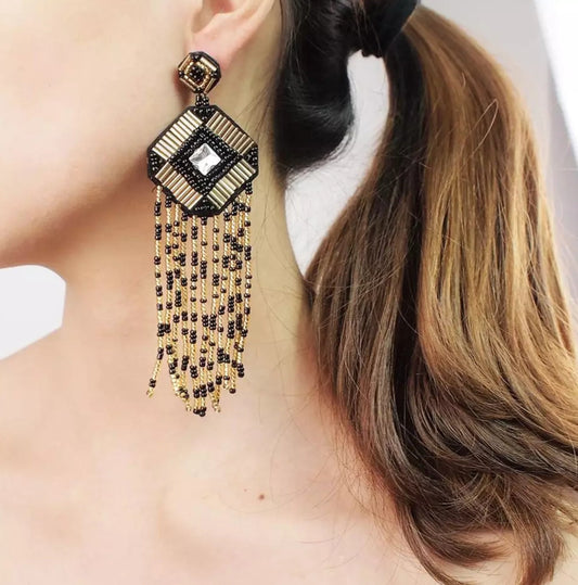 Black and Gold Tassel Drop Earrings - M2G