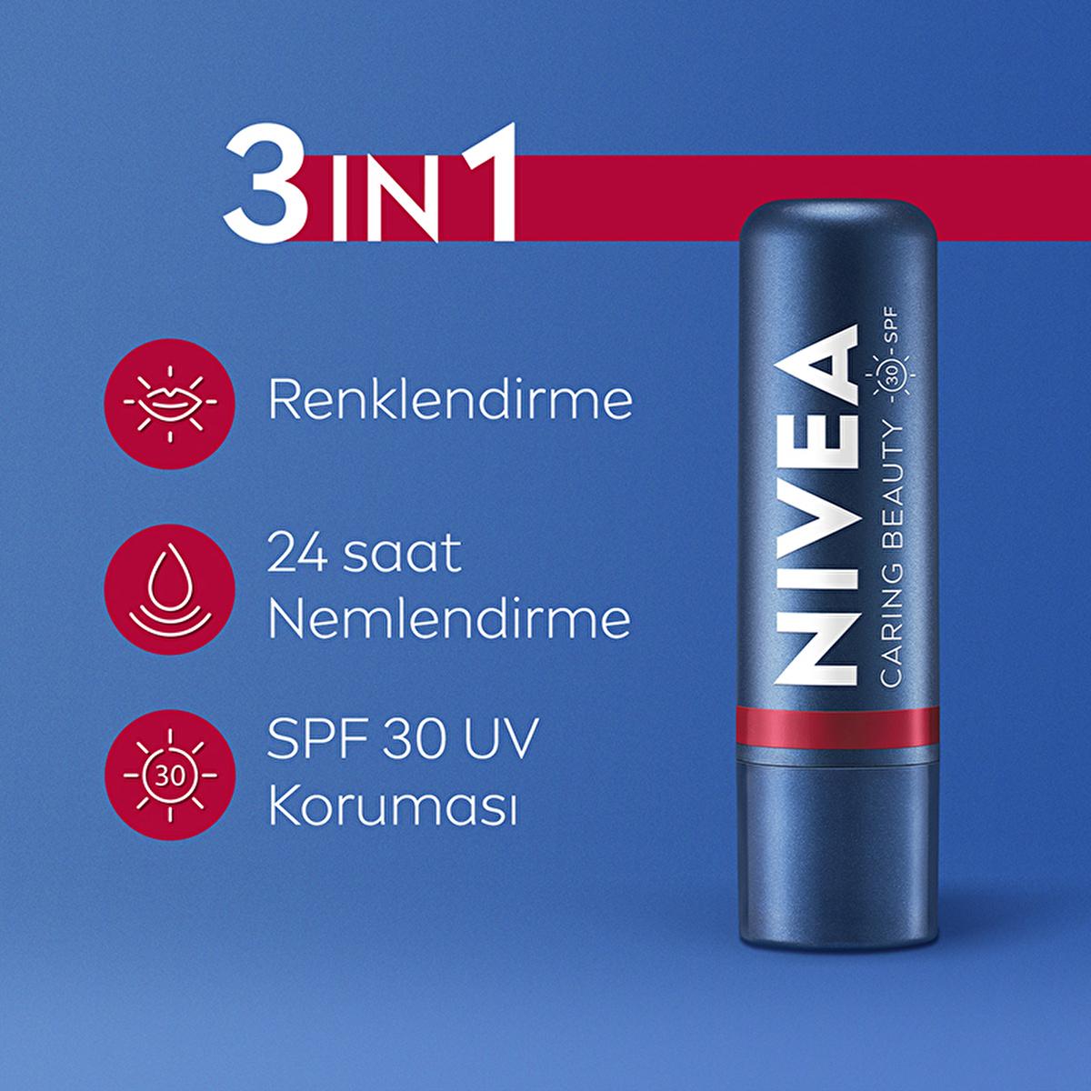 NIVEA Tinted Lip Care Balm with SPF30 UV Protection - Moisturizing, Natural Ingredients, 3-in-1 Formula
