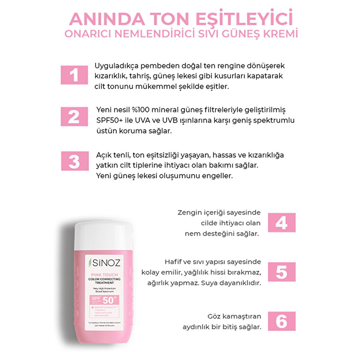 Sinoz Pink Touch SPF50+ Tone-Up Sunscreen: Color Correcting, Redness Reducing, and Brightening Mineral Facial Sunscreen with Hyaluronic Acid - 1.69 fl oz