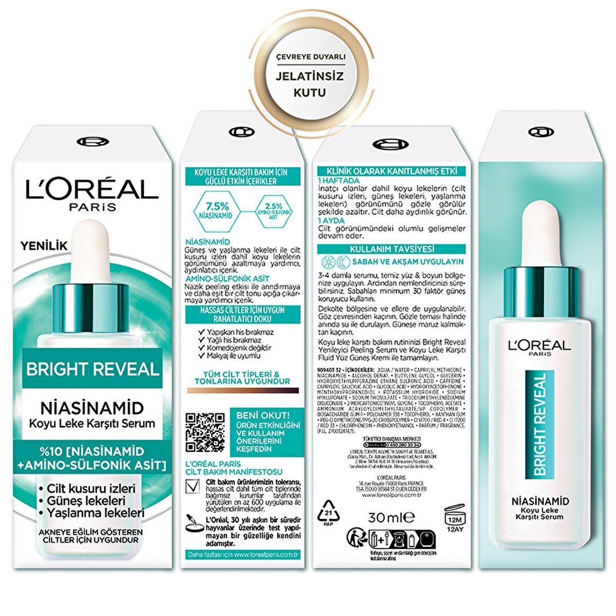 L'Oreal Paris Bright Reveal Dark Spot Correcting Niacinamide Serum: Fade Acne Marks, Sun Spots & Age Spots for Radiant Skin