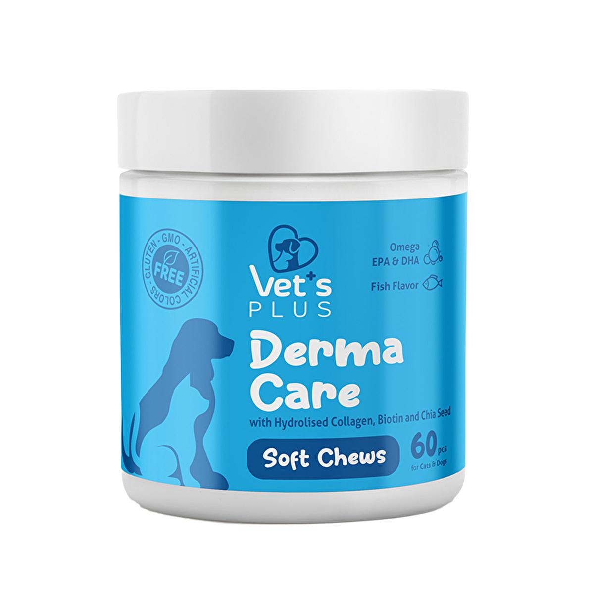 Vet's Plus Dermal Care Supplement for Dogs and Cats - Natural Skin and Coat Support with Collagen, Biotin, and Omega 3 - 60 Chewable Tablets