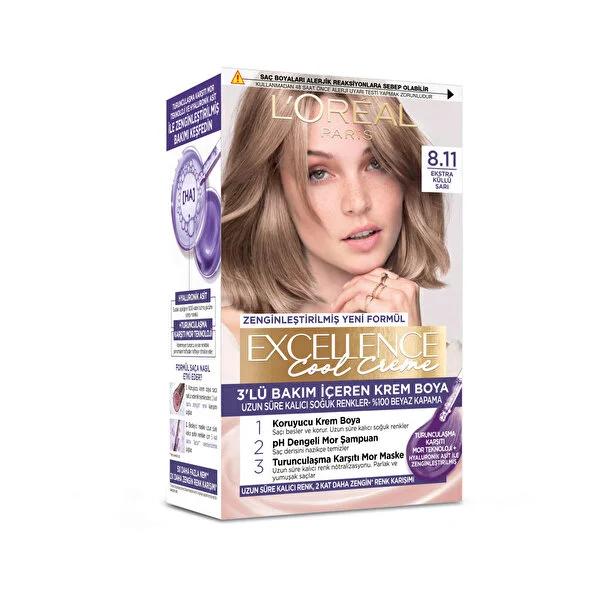L'OrŽal Paris Excellence Cool Creme Hair Dye - 100% Grey Coverage, Ash Blonde Shade, Pro-Keratin Enriched