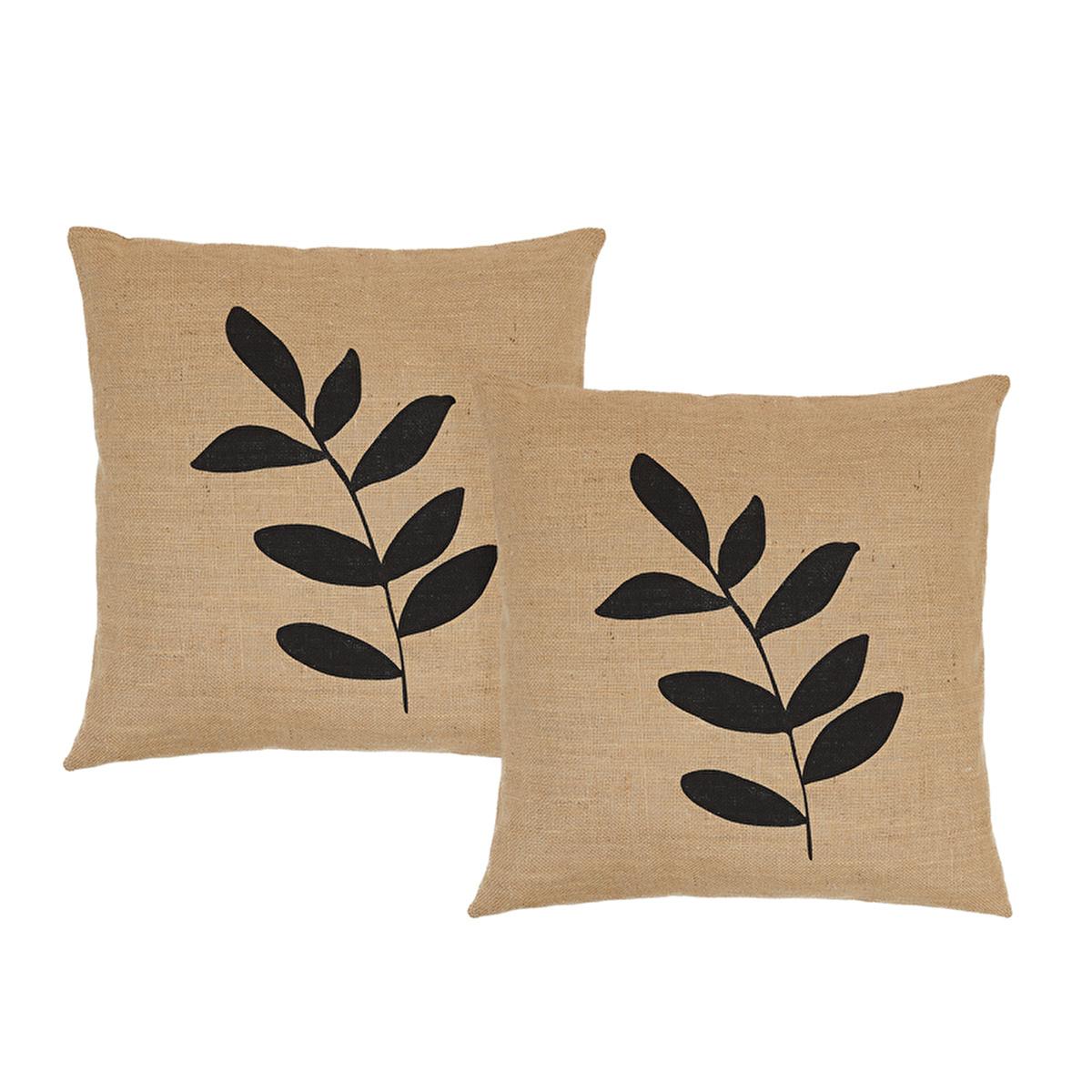 Ocean Home Jute Throw Pillow Cover Set - 2 Leaf Pattern 50x50cm - Natural Fiber, Boho, Rustic Decorative Cushion Covers