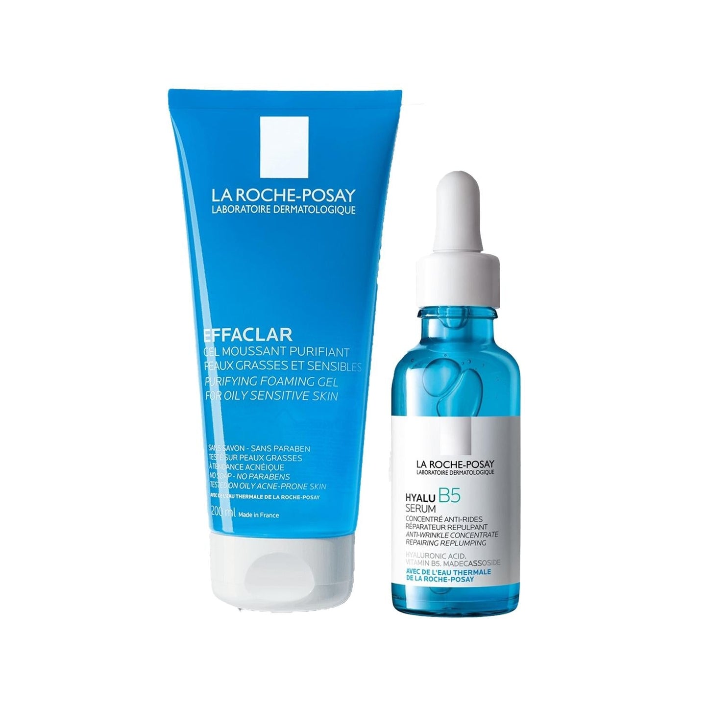 La Roche Posay Effaclar Gel Skincare Set - 200ml Facial Cleansing Gel & 30ml Hyalu B5 Serum for Acne-Prone Skin