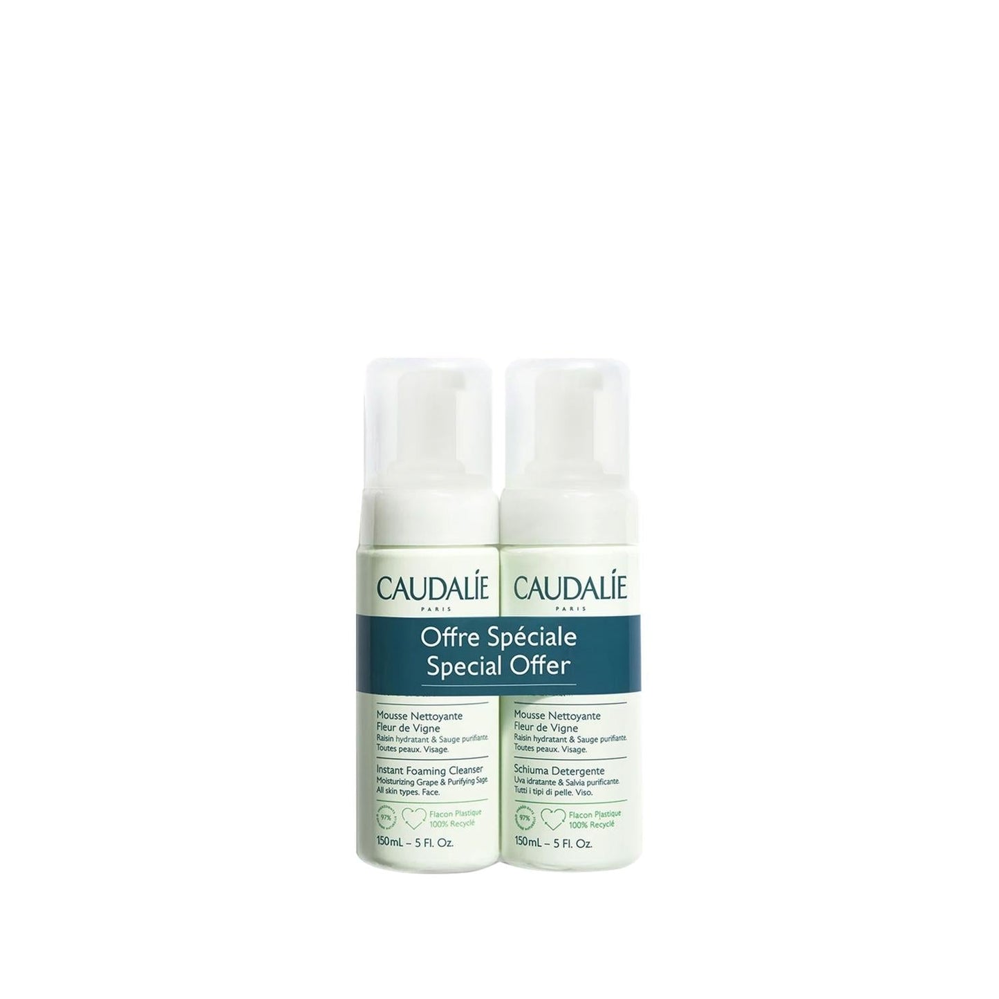 Caudalie Vinoclean Gentle Foaming Cleanser: 2x150ml - Natural Face Wash for Sensitive Skin - Experience Gentle & Effective Cleansing.