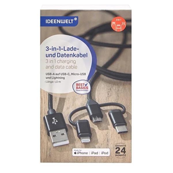 Ideenwelt 3-in-1 Charging Cable - Universal USB-C, Micro USB, Lightning Cable with Nylon Braiding